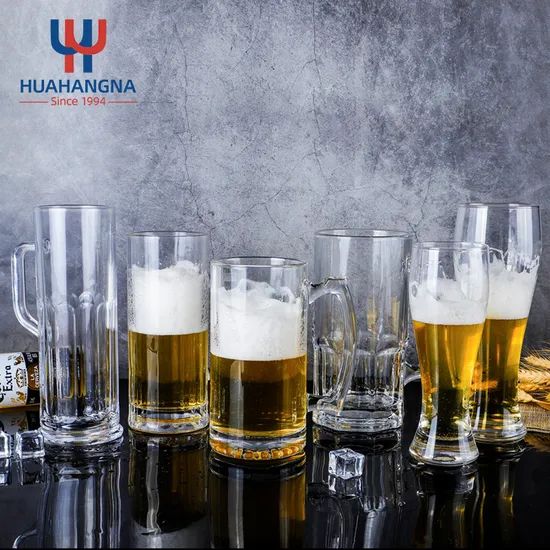 China Manufacture Vasos PARA Cervezas Wholesale Classical Clear World Football Wine Glassware Drinking Customized Logo Glass Craft Pilsner Beer Mugs with Handle 